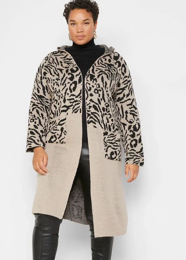ABRIGO DE PUNTO PIEDRA NATURALNEGRO CON ESTAMPADO DE LEOPARDO