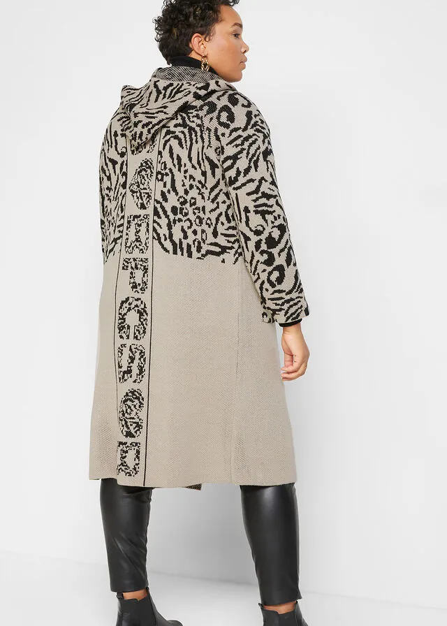 ABRIGO DE PUNTO PIEDRA NATURALNEGRO CON ESTAMPADO DE LEOPARDO
