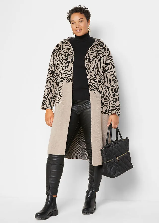 ABRIGO DE PUNTO PIEDRA NATURALNEGRO CON ESTAMPADO DE LEOPARDO