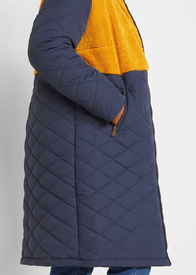 ABRIGO GUATEADO CON INSERTO DE PELUCHE AZUL MARINOCAMEL