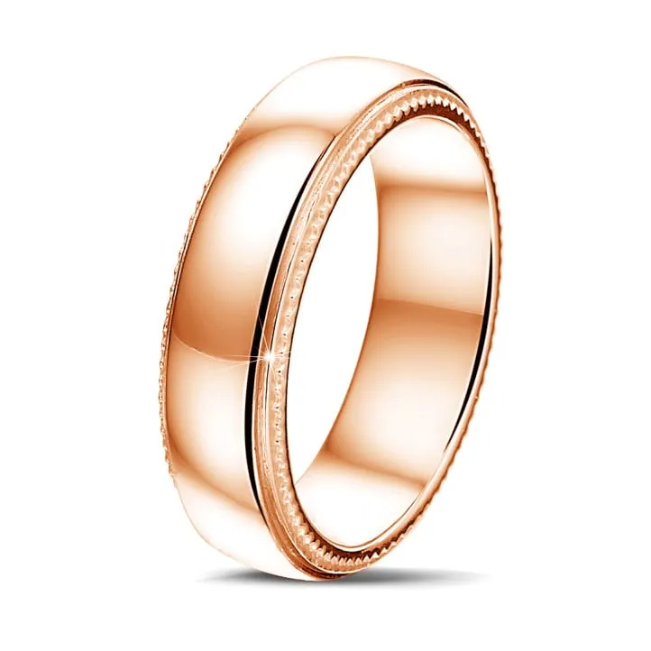 Anillo de boda con superficie ligeramente esférica de 6.00 mm en oro rojo con bordes milgrain 