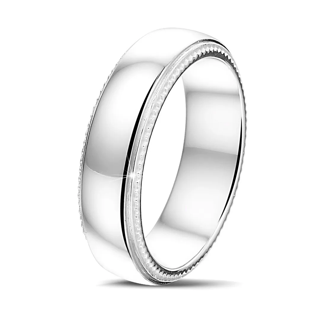 Anillo de boda con superficie ligeramente esférica de 6.00 mm en platino con bordes milgrain 