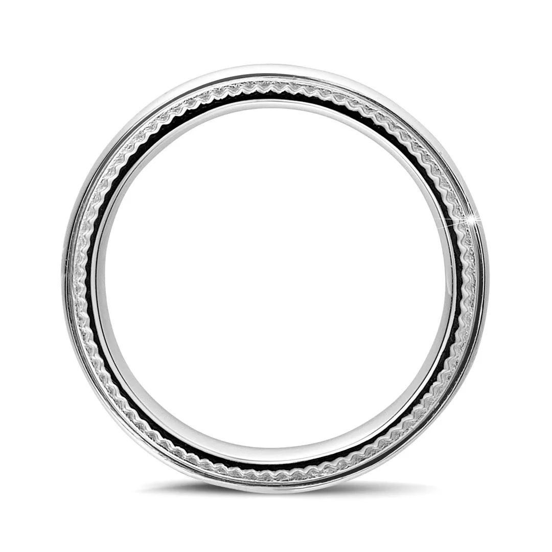 Anillo de boda con superficie ligeramente esférica de 6.00 mm en platino con bordes milgrain 