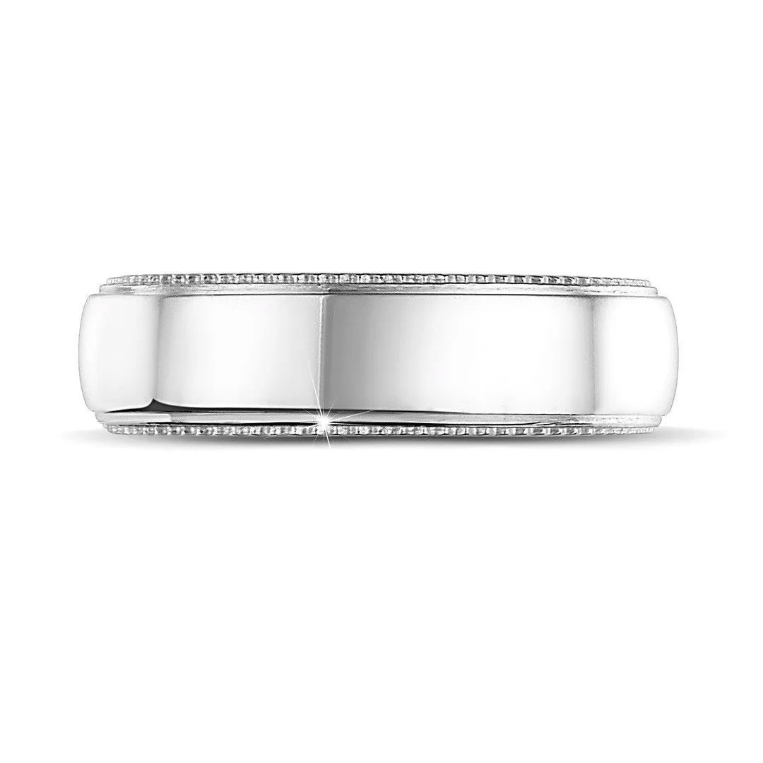 Anillo de boda con superficie ligeramente esférica de 6.00 mm en platino con bordes milgrain 