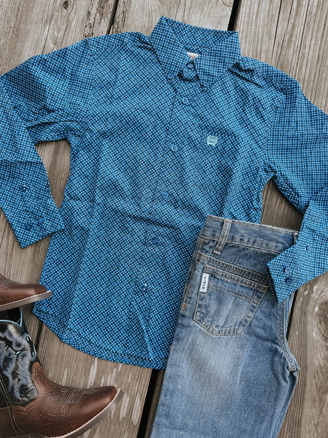 BOY'S CINCH GEOMETRIC PRINT BUTTONDOWN WESTERN SHIRT  ROYAL