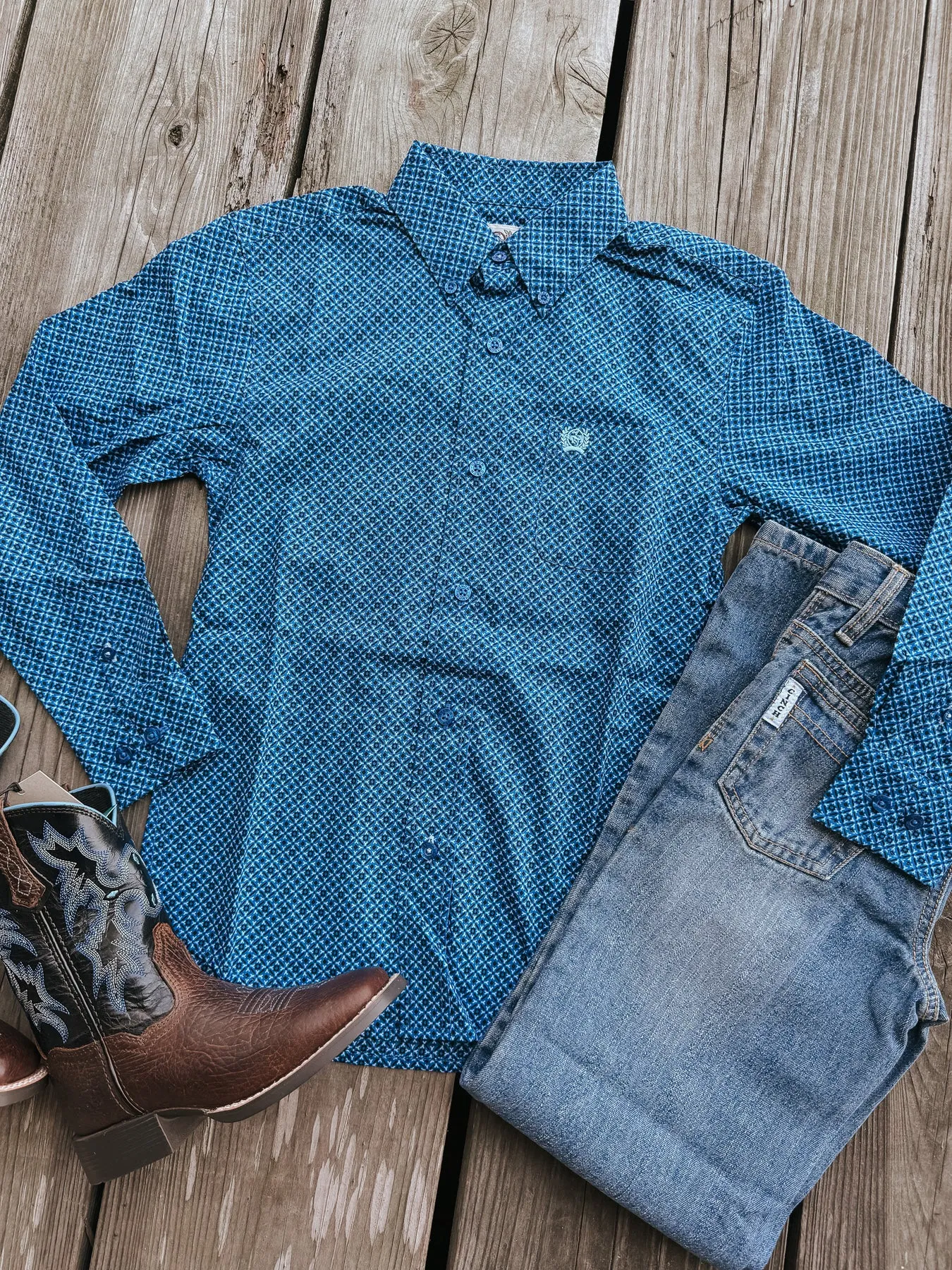 BOY'S CINCH GEOMETRIC PRINT BUTTONDOWN WESTERN SHIRT  ROYAL