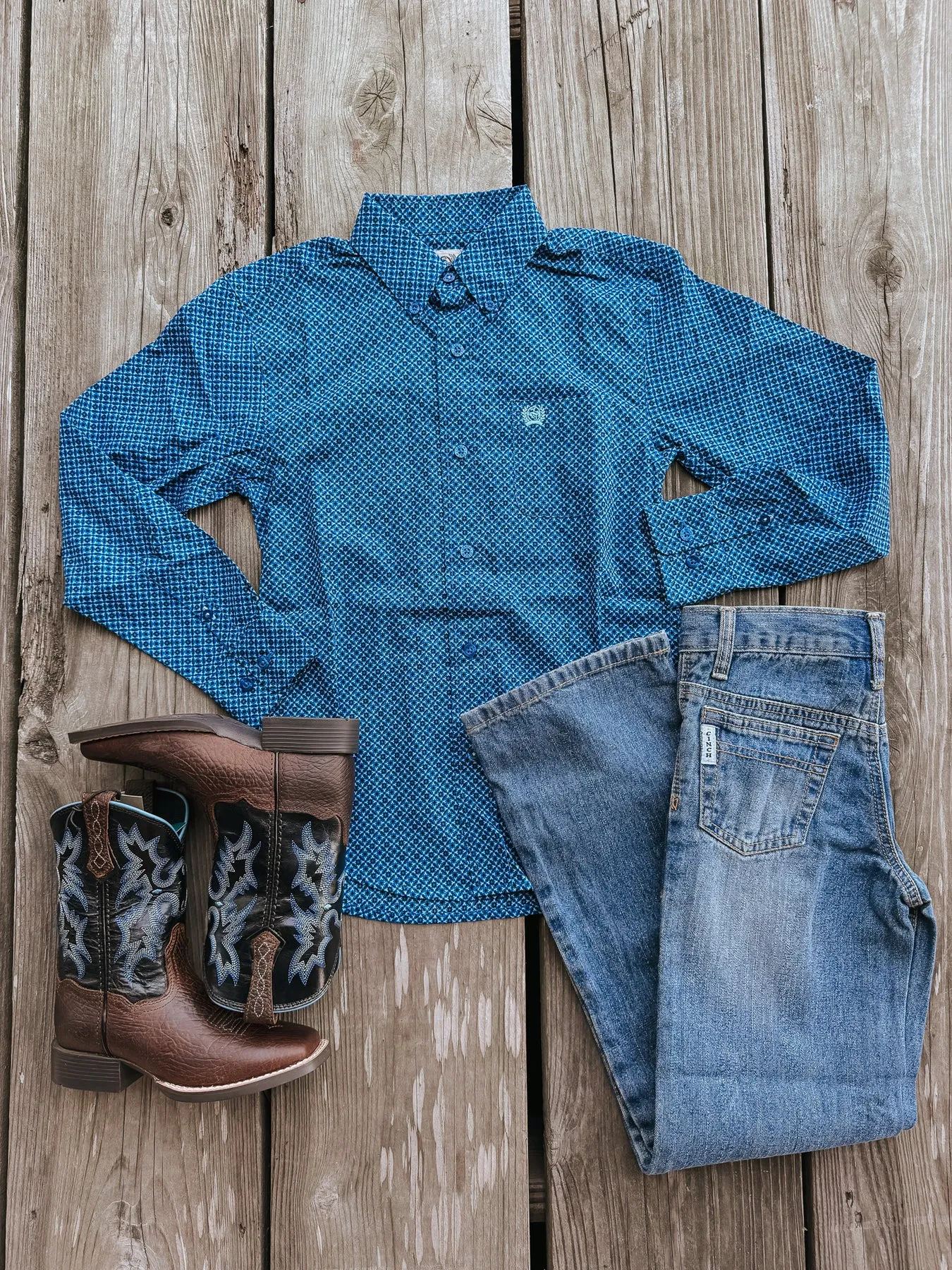 BOY'S CINCH GEOMETRIC PRINT BUTTONDOWN WESTERN SHIRT  ROYAL