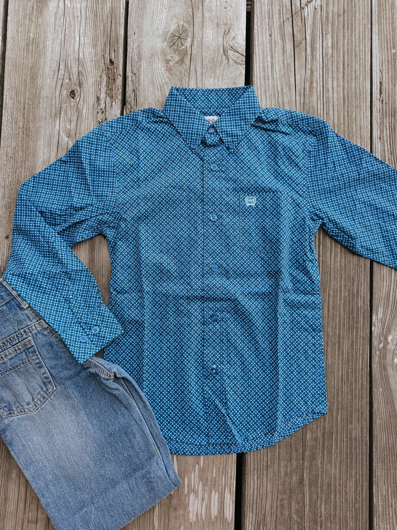 BOY'S CINCH GEOMETRIC PRINT BUTTONDOWN WESTERN SHIRT  ROYAL