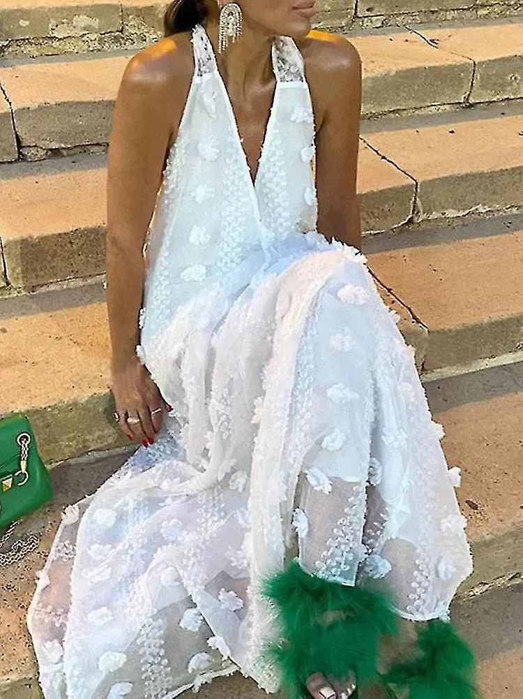Femenino Sexy Profundo Cuello V Mástil Halter Gasa Banquete De Boda Vestido Sin Mangas Suelto De Fiesta Maxi Vestidos