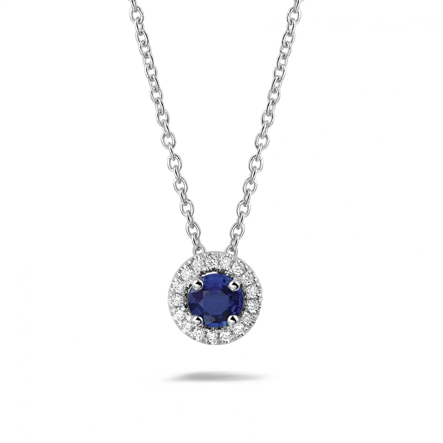 Halo colgante en oro blanco con zafiro central y diamantes redondos 