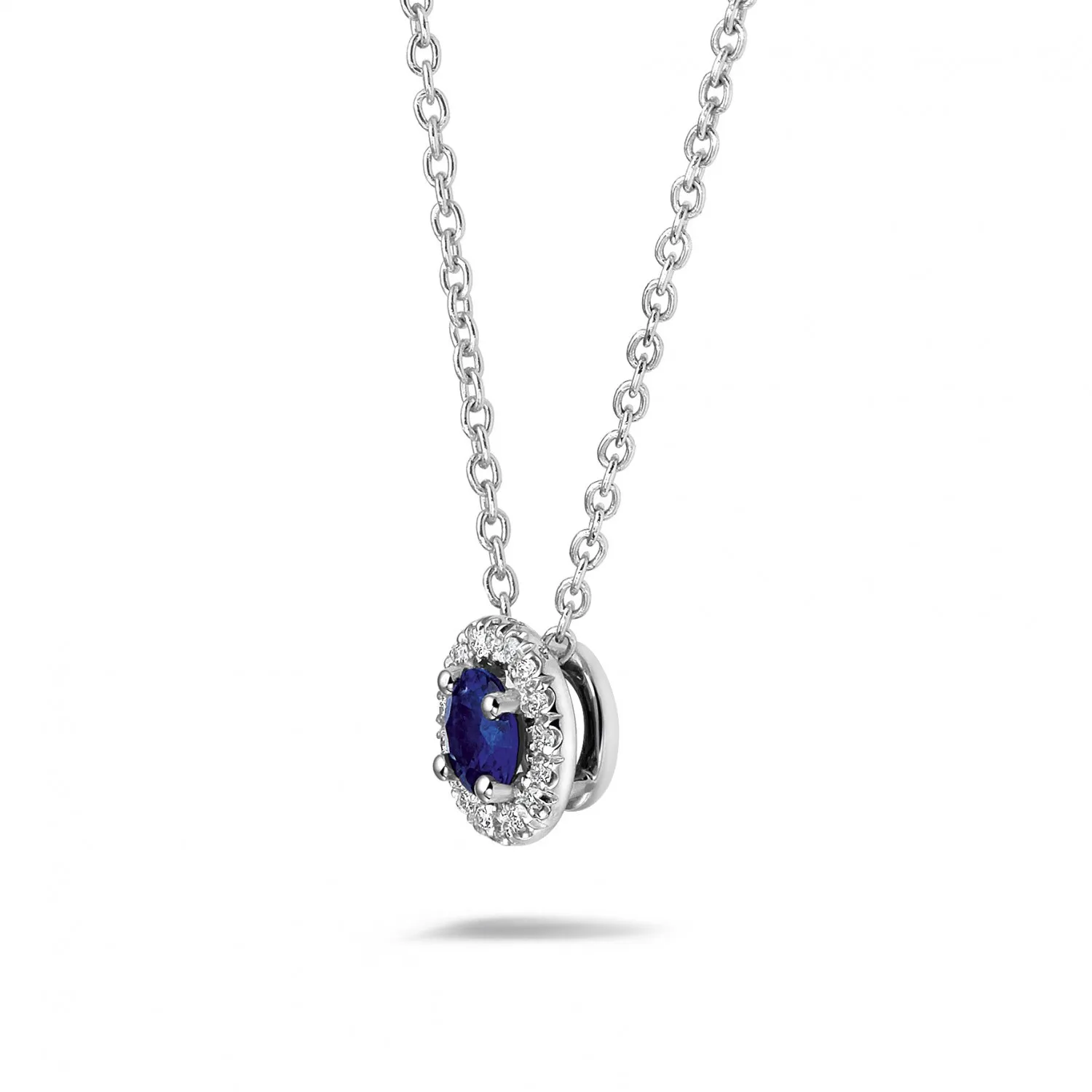 Halo colgante en oro blanco con zafiro central y diamantes redondos 