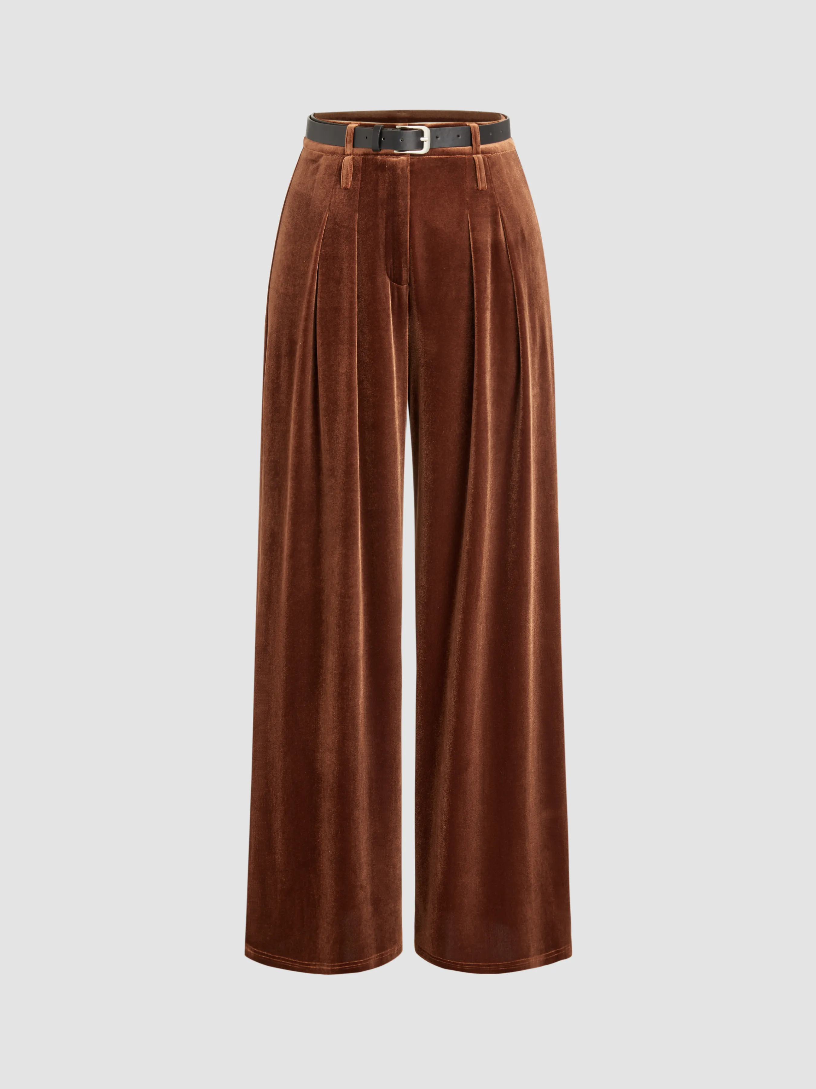  Pantalones Rectos de Terciopelo con Cinturón de Cintura Media