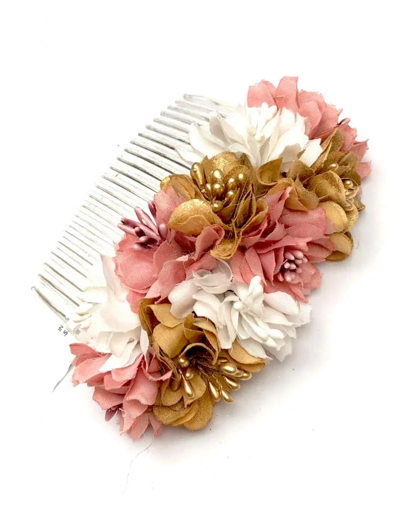 PEINAS BODA CON FLORES BLANCAS, ROSAS Y ORO VIEJO