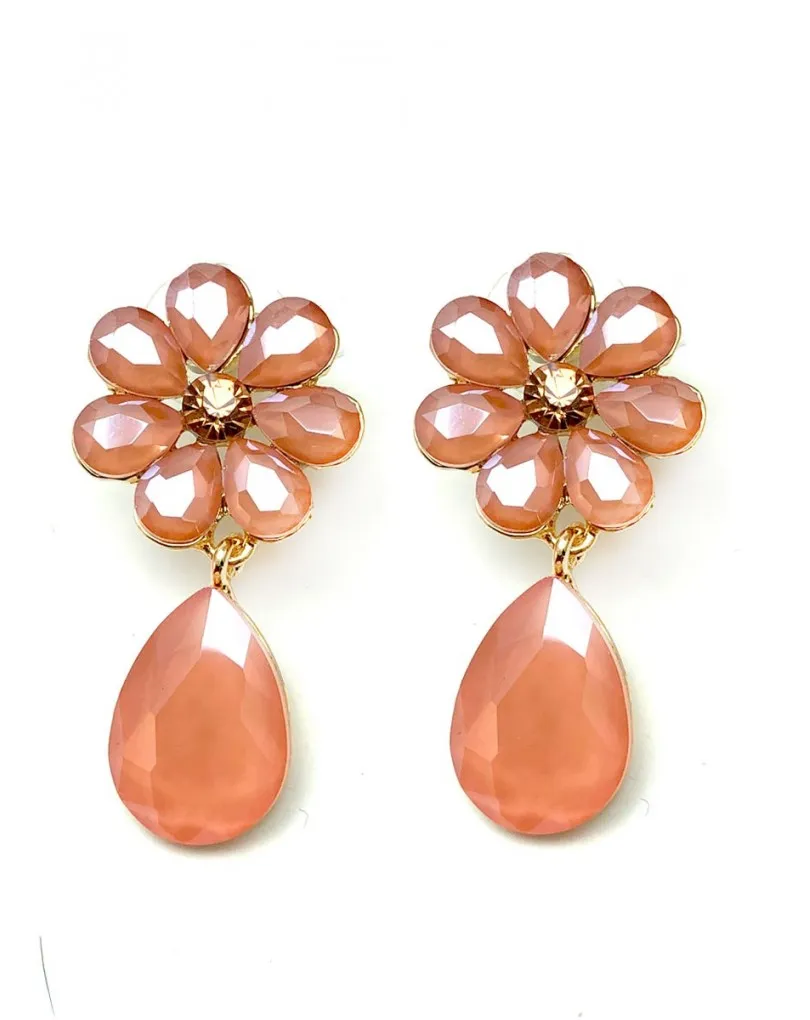 PENDIENTES CORAL DE CRISTAL FLOR Y LAGRIMA MUJER