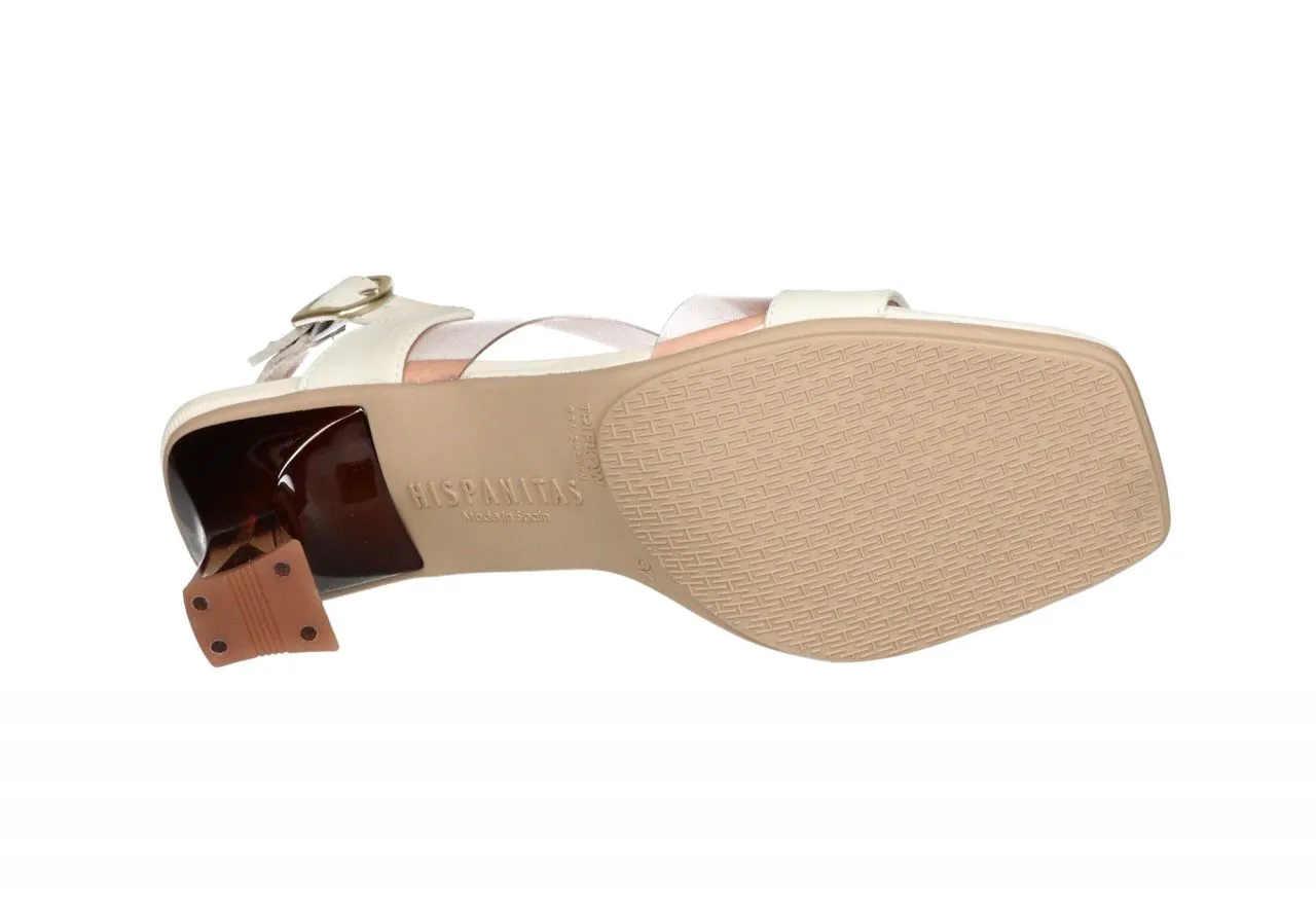 Sandalia Piel Beige Empeine Vinilo Rosado Tacón Degradado