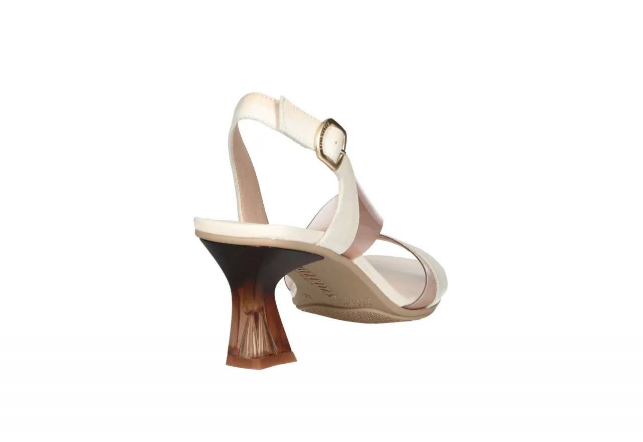 Sandalia Piel Beige Empeine Vinilo Rosado Tacón Degradado