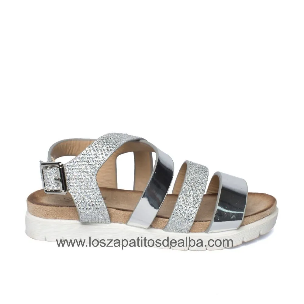 Sandalias Niña Plateadas Metalizada Modelo Tiras