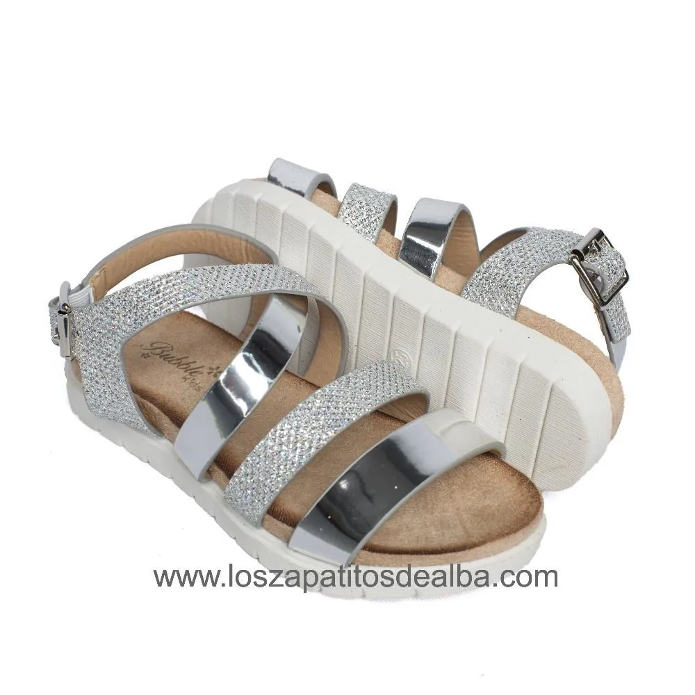Sandalias Niña Plateadas Metalizada Modelo Tiras