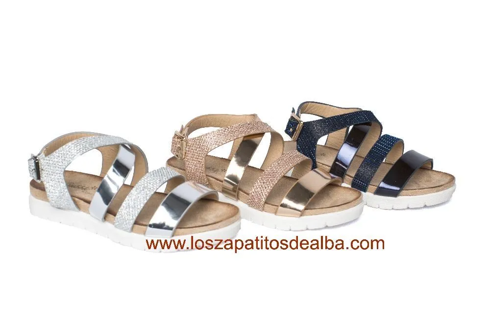 Sandalias Niña Plateadas Metalizada Modelo Tiras