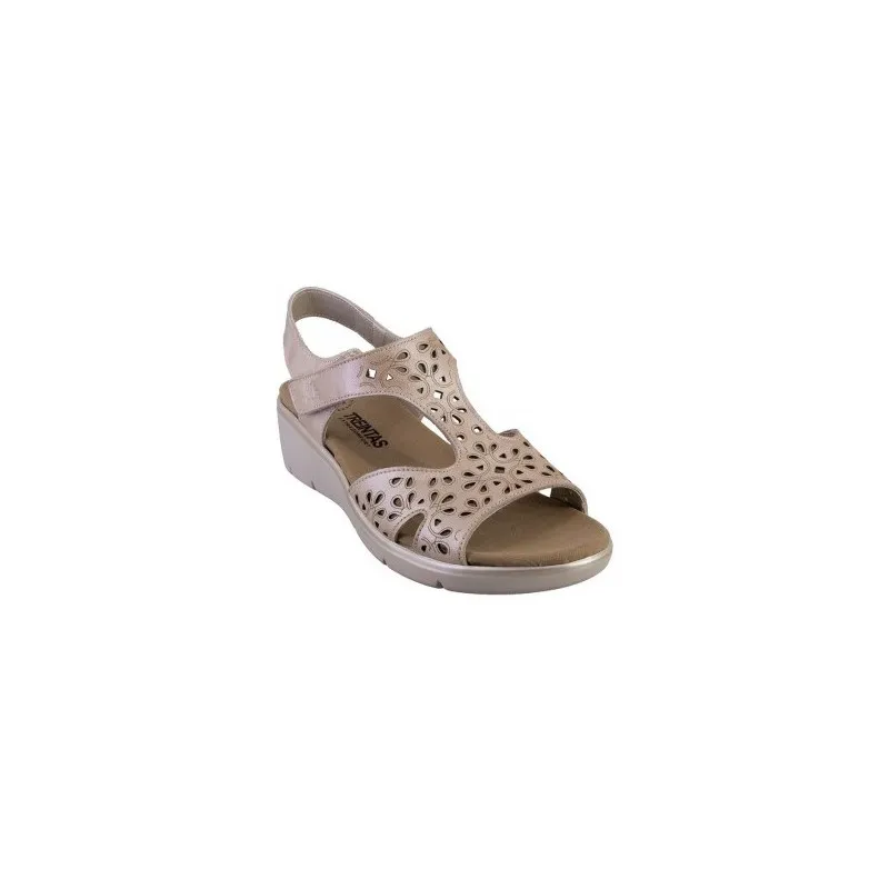 TREINTAS 4123 ORO  SANDALIAS DE PIEL CON EMPEINE CALADO Y CIERRE DE VELCRO CON CUñA Y PLANTILLAS ANATóMICAS