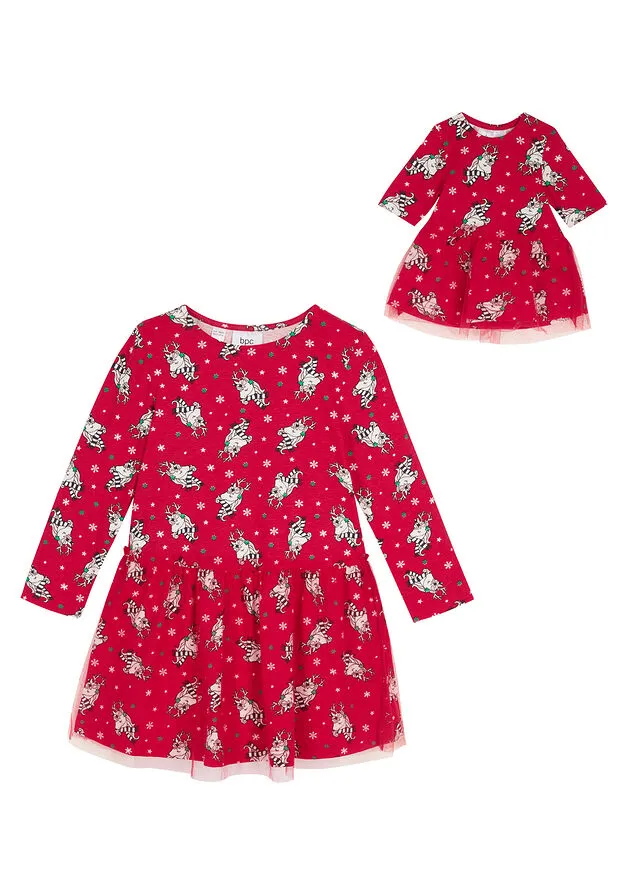 Vestido de punto para niñas + vestido para muñecas Rojo