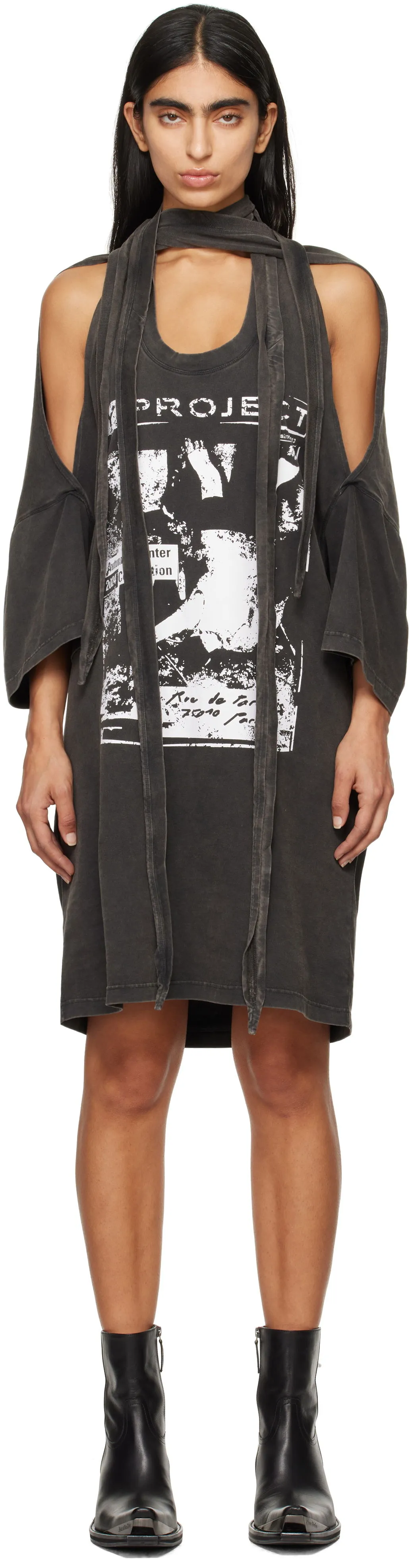 Y/PROJECT Gray Multiscarf Rock Band Print Minidress